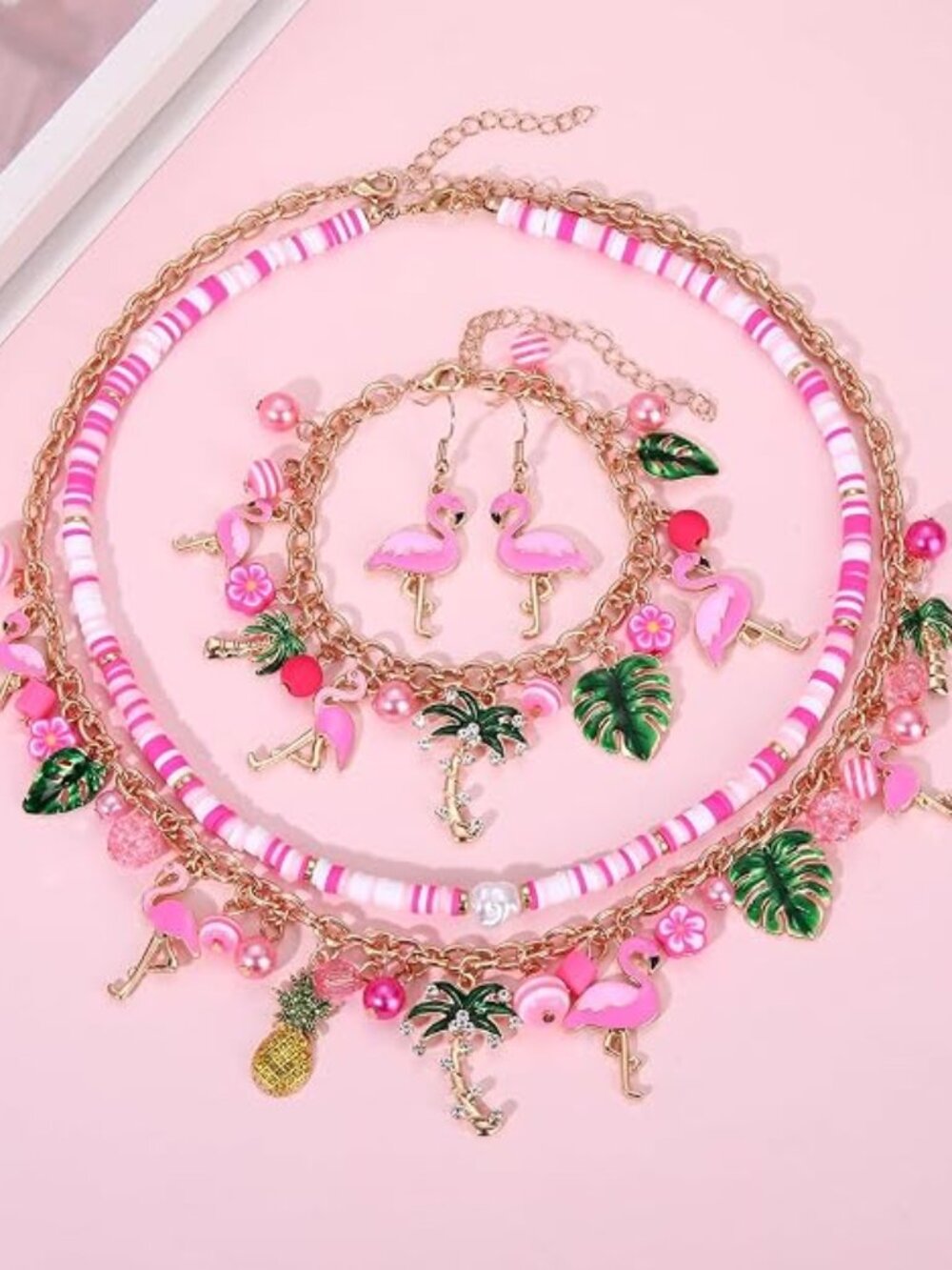 Pink Flamingo Necklace Bracelet Earrings set NWT